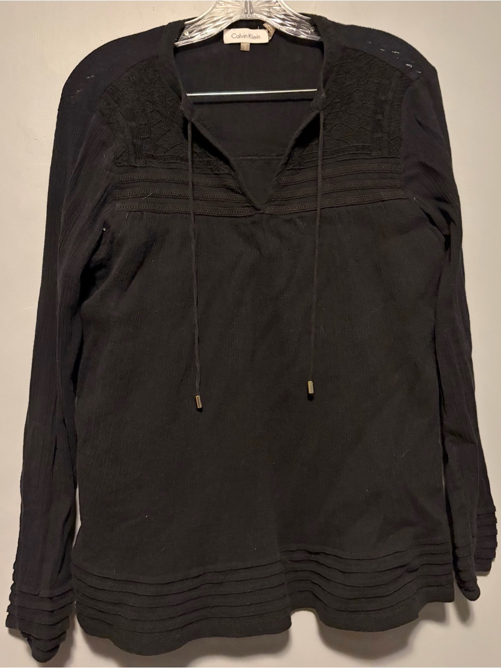 Calvin Klein Black Long-Sleeve Lace Yoke Peasant Tunic